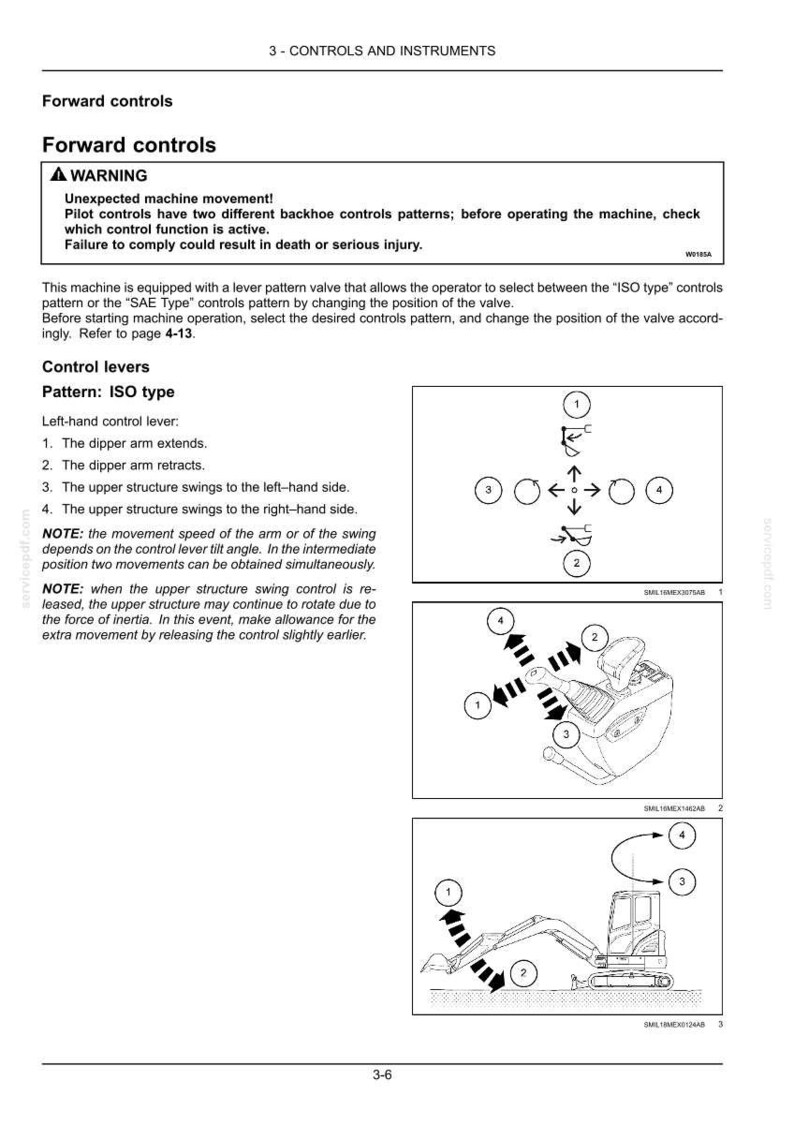 Puede incluir: Una p&aacute;gina de manual t&eacute;cnico titulada 3 - CONTROLS AND INSTRUMENTS con una advertencia sobre movimientos inesperados de la m&aacute;quina. Incluye diagramas de una palanca de control y una excavadora que ilustran los patrones de control tipo ISO.