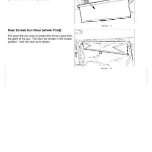 May include: A technical manual page titled 3 - CONTROLS/INSTRUMENTS featuring two black and white line drawings. The top diagram shows a Front Screen Sun Visor with a numbered indicator, and the bottom diagram illustrates a Rear Screen Sun Visor.