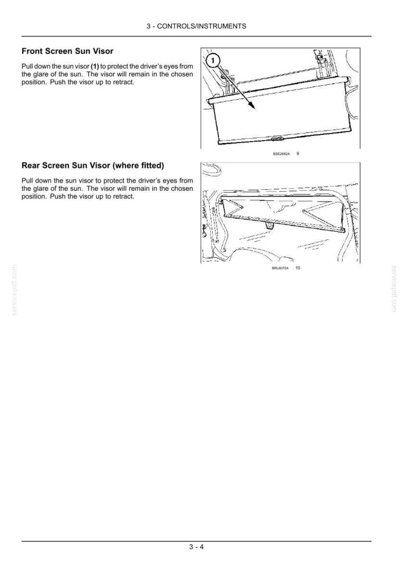 May include: A technical manual page titled 3 - CONTROLS/INSTRUMENTS featuring two black and white line drawings. The top diagram shows a Front Screen Sun Visor with a numbered indicator, and the bottom diagram illustrates a Rear Screen Sun Visor.