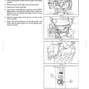 Pu&ograve; includere: Una pagina di manuale tecnico intitolata 4 - OPERATING INSTRUCTIONS, che descrive i passaggi per avviare un motore con clima caldo. Il documento include disegni al tratto in bianco e nero di un volante di trattore, leve del cambio, un pedale della frizione e un interruttore a chiave.