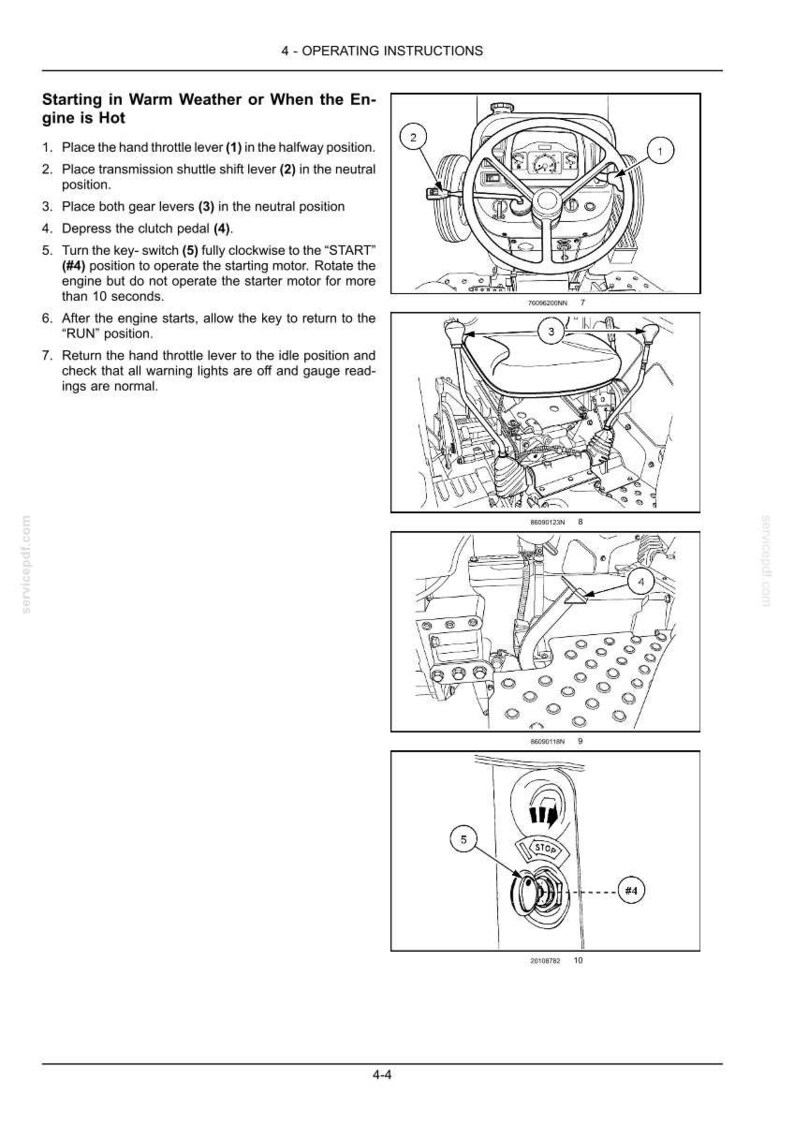 Pu&ograve; includere: Una pagina di manuale tecnico intitolata 4 - OPERATING INSTRUCTIONS, che descrive i passaggi per avviare un motore con clima caldo. Il documento include disegni al tratto in bianco e nero di un volante di trattore, leve del cambio, un pedale della frizione e un interruttore a chiave.