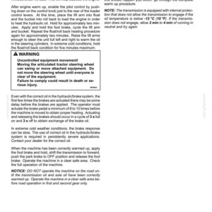 May include: Operating instructions for a machine, detailing engine warm-up procedures. Includes warnings about uncontrolled equipment movement and brake operation. Text is in black on a white background.
