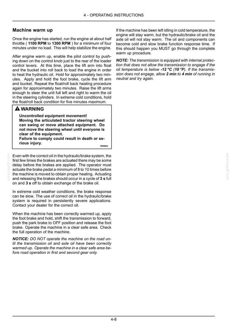 May include: Operating instructions for a machine, detailing engine warm-up procedures. Includes warnings about uncontrolled equipment movement and brake operation. Text is in black on a white background.