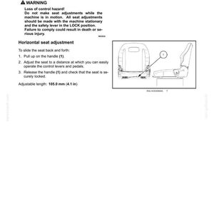 May include: Diagram of an operator's seat with instructions for horizontal seat adjustment. The adjustable length is 4.1 inches. The diagram includes a warning about loss of control hazard.