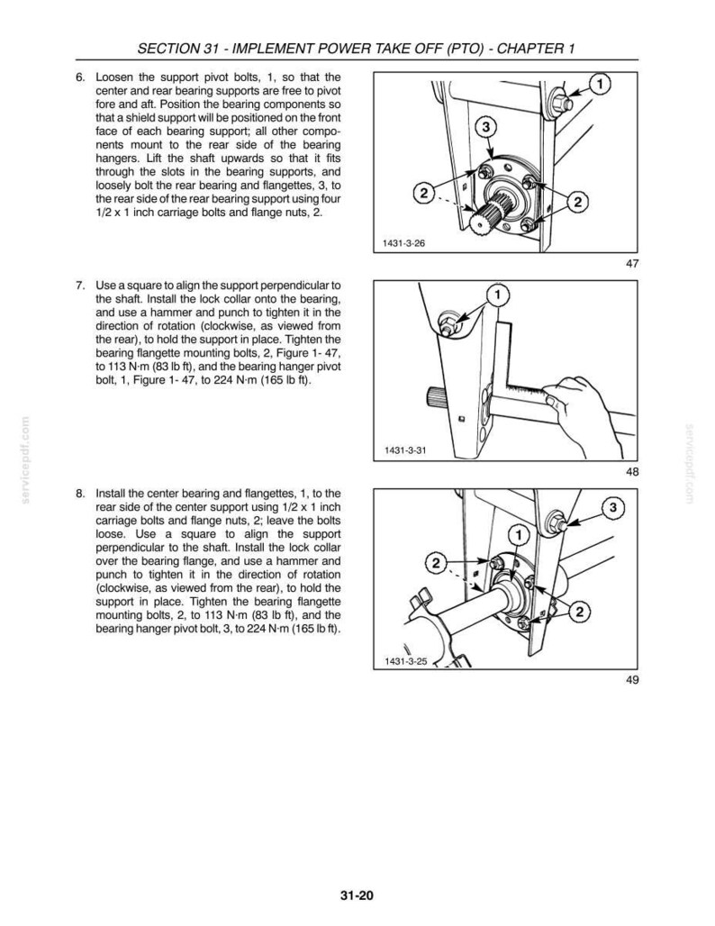 May include: Diagram of mechanical components with labels and arrows. Includes bolts, nuts, and a shaft. Text reads "SECTION 31 - IMPLEMENT POWER TAKE OFF (PTO) - CHAPTER 1" and provides instructions for assembly.