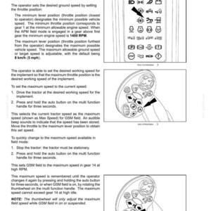 May include: A technical manual page titled 4-OPERATING INSTRUCTIONS detailing the GSM field function for a tractor. It includes text, a diagram of a control panel with various icons, and two illustrations of a multi-function handle with buttons.