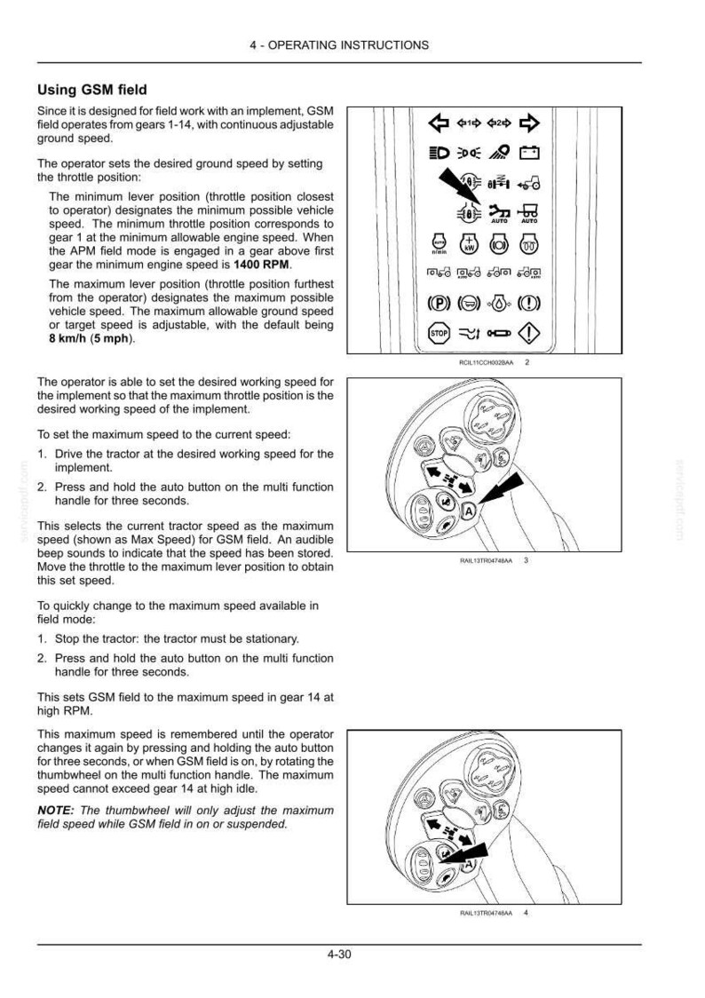 May include: A technical manual page titled 4-OPERATING INSTRUCTIONS detailing the GSM field function for a tractor. It includes text, a diagram of a control panel with various icons, and two illustrations of a multi-function handle with buttons.