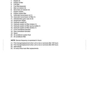 May include: A technical document page titled SECTION 4 - SERVICING INTERVALS/LUBRICATION/FLUIDS. It lists 21 items for a lubrication and scheduled replacement chart, including engine oil, filters, coolant, and transmission oil, with notes on service frequency.