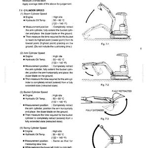 May include: A technical manual page titled 7. MEASURING ATTACHMENT OPERATING PERFORMANCES. It features black and white line drawings of an excavator showing boom, arm, bucket, and swing cylinder speed test procedures with descriptive text.