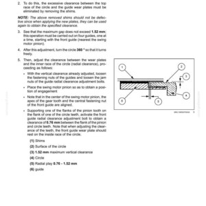 May include: Diagram of wear plate adjustment with labels for shims, circle surface, 1.52 mm maximum vertical clearance, circle, radial play 0.76-1.52 mm, and guide. Text explains the process.