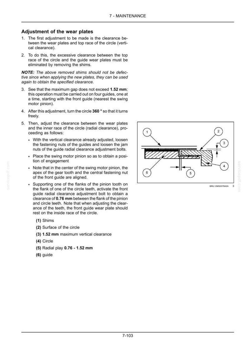 May include: Diagram of wear plate adjustment with labels for shims, circle surface, 1.52 mm maximum vertical clearance, circle, radial play 0.76-1.52 mm, and guide. Text explains the process.