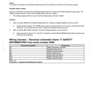 May include: A technical document titled "260-PTO POWER IN General Flywheel" with a serial number 4500. It includes troubleshooting steps, wiring diagrams, and a table listing component identifiers and components like the Flywheel brake sensor.