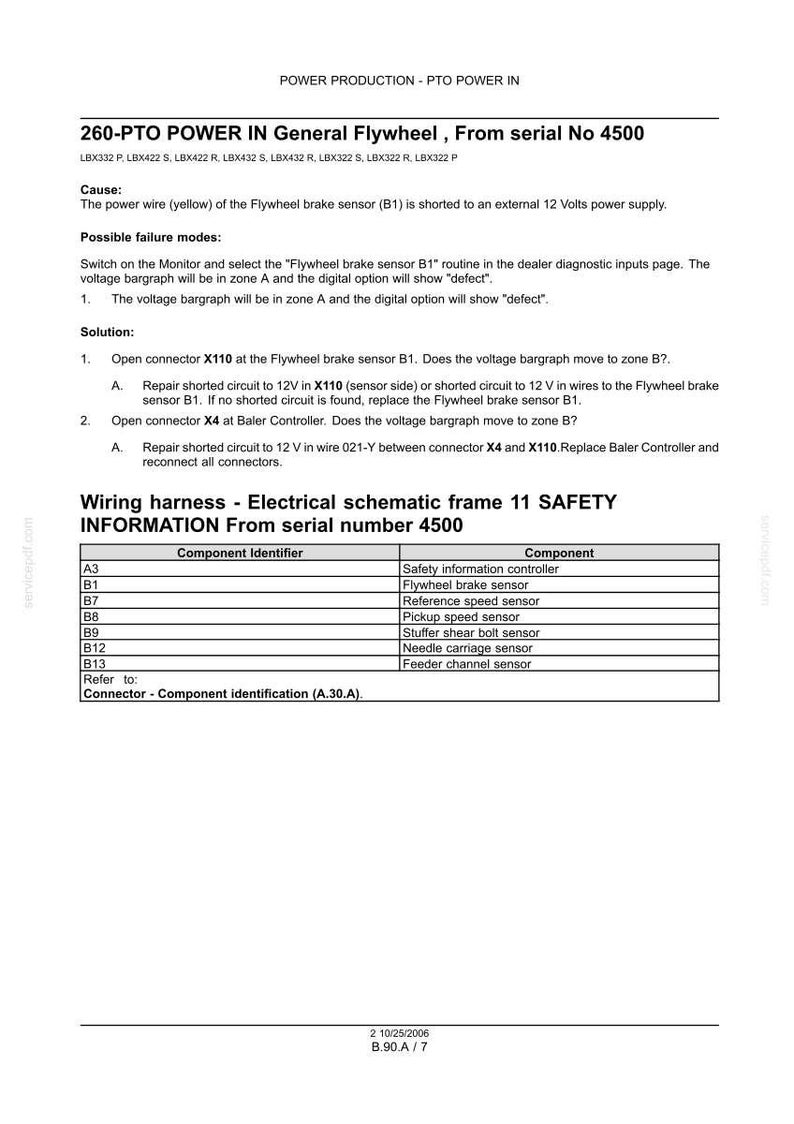 May include: A technical document titled "260-PTO POWER IN General Flywheel" with a serial number 4500. It includes troubleshooting steps, wiring diagrams, and a table listing component identifiers and components like the Flywheel brake sensor.