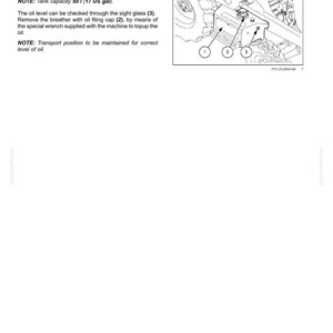 May include: Diagram of a hydraulic oil tank with labels for maintenance. The tank capacity is 17 US gallons. The oil level can be checked through the sight glass. The breather with oil filling cap can be removed to top up the oil.