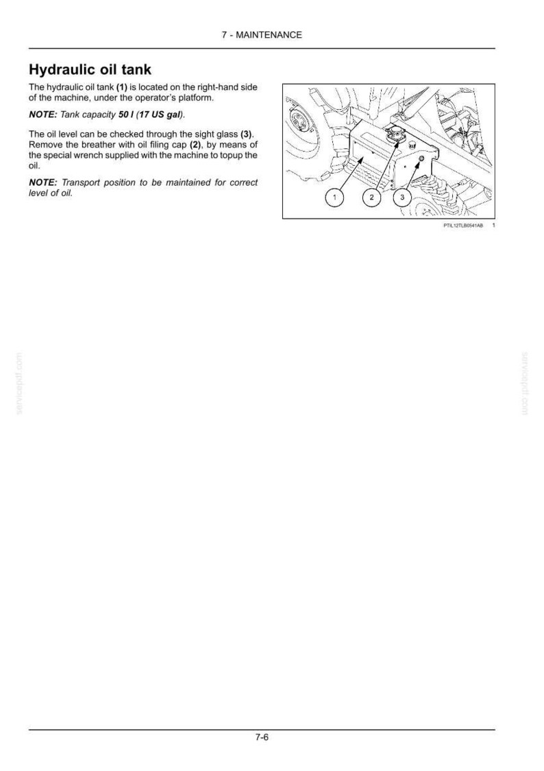 May include: Diagram of a hydraulic oil tank with labels for maintenance. The tank capacity is 17 US gallons. The oil level can be checked through the sight glass. The breather with oil filling cap can be removed to top up the oil.