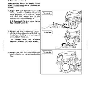 Puede incluir: Una p&aacute;gina de manual t&eacute;cnico titulada ASSEMBLY que presenta tres dibujos lineales en blanco y negro etiquetados como Figure 29A, 29B y 29C. Los diagramas ilustran un tractor pasando sobre una plataforma de corte con instrucciones.