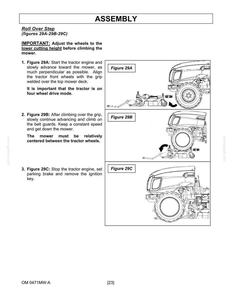 Puede incluir: Una p&aacute;gina de manual t&eacute;cnico titulada ASSEMBLY que presenta tres dibujos lineales en blanco y negro etiquetados como Figure 29A, 29B y 29C. Los diagramas ilustran un tractor pasando sobre una plataforma de corte con instrucciones.