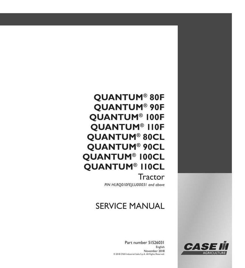 May include: A white service manual cover with the text "QUANTUM" followed by model numbers, "Tractor," and "SERVICE MANUAL." The Case IH Agriculture logo is in the lower right corner.