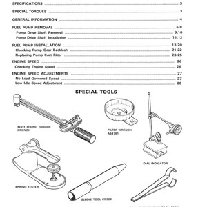 May include: A black and white technical manual page with a table of contents and illustrations of various tools. The tools include a foot pound torque wrench, filter wrench, spring tester, dial indicator, sleeve tool, and seal compression tool.