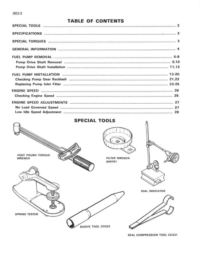 May include: A black and white technical manual page with a table of contents and illustrations of various tools. The tools include a foot pound torque wrench, filter wrench, spring tester, dial indicator, sleeve tool, and seal compression tool.