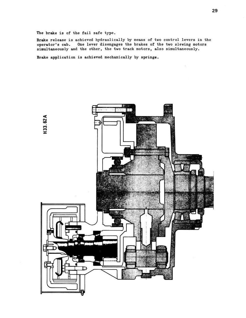 May include: Technical diagram of a mechanical component, featuring detailed cross-sectional views. The diagram includes labels and annotations, with the text "H33.62 A" and descriptive text about the brake system. The image is in black and white.