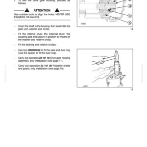 May include: A technical manual page titled SECTION 23 - DRIVE LINES - CHAPTER 1, featuring instructions for drive gear housing assembly. It includes a cross-section diagram of a coupling sleeve, gear, and shaft, plus a line drawing of tool usage.