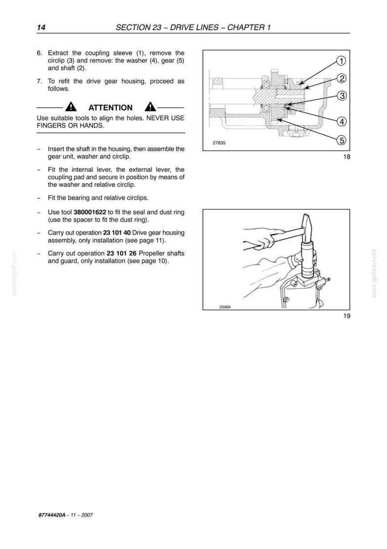 May include: A technical manual page titled SECTION 23 - DRIVE LINES - CHAPTER 1, featuring instructions for drive gear housing assembly. It includes a cross-section diagram of a coupling sleeve, gear, and shaft, plus a line drawing of tool usage.