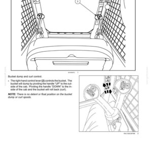 May include: Diagram of a skid steer loader's bucket curl/dump control system. The image shows the right-hand control lever (2) and its function. Text explains the lever's operation for dumping and curling the bucket.