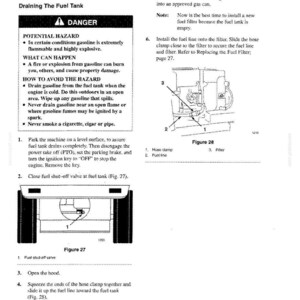 May include: A page from a technical manual titled Maintenance, Fuel Tank, Draining The Fuel Tank. It includes a DANGER box, numbered instructions 1 through 6, and two black and white line drawings labeled Figure 27 and Figure 28 showing fuel components.