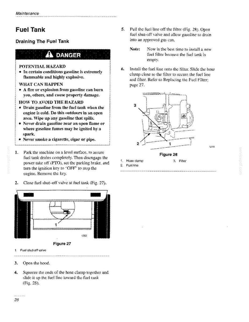 May include: A page from a technical manual titled Maintenance, Fuel Tank, Draining The Fuel Tank. It includes a DANGER box, numbered instructions 1 through 6, and two black and white line drawings labeled Figure 27 and Figure 28 showing fuel components.