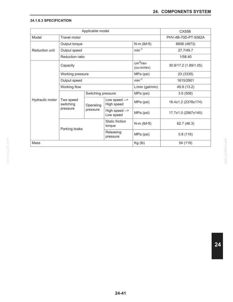 May include: A detailed specification sheet for a CX55B model, including travel motor, output torque, speed, and pressure measurements. The sheet provides data in both metric and imperial units, such as N-m (lbf-ft) and MPa (psi).