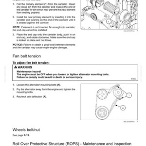 May include: A technical manual page titled 7-MAINTENANCE featuring instructions for an air cleaner primary element and fan belt tension. It includes two black and white line drawings showing engine components, numbered parts, and safety warnings.