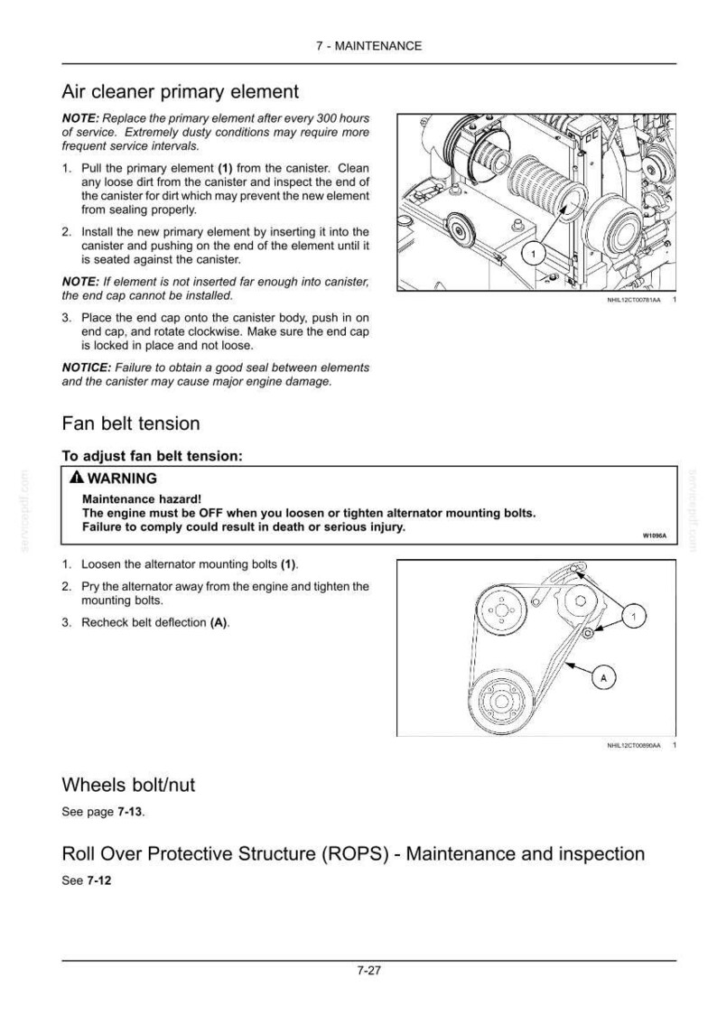 May include: A technical manual page titled 7-MAINTENANCE featuring instructions for an air cleaner primary element and fan belt tension. It includes two black and white line drawings showing engine components, numbered parts, and safety warnings.