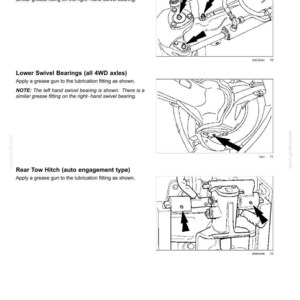 Pode incluir: Uma p&aacute;gina de manual de manuten&ccedil;&atilde;o intitulada 7-MAINTENANCE com tr&ecirc;s desenhos de linha a preto e branco. Os diagramas ilustram pontos de lubrifica&ccedil;&atilde;o para rolamentos de piv&ocirc; superiores, inferiores e um engate de reboque em eixos 4WD.