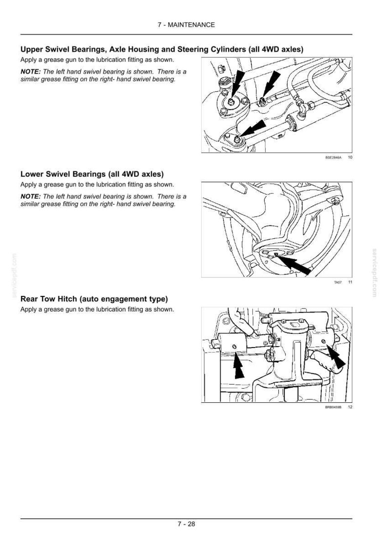 Pode incluir: Uma p&aacute;gina de manual de manuten&ccedil;&atilde;o intitulada 7-MAINTENANCE com tr&ecirc;s desenhos de linha a preto e branco. Os diagramas ilustram pontos de lubrifica&ccedil;&atilde;o para rolamentos de piv&ocirc; superiores, inferiores e um engate de reboque em eixos 4WD.