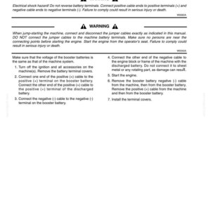 May include: A page from a manual detailing instructions for connecting booster batteries. The text includes warnings about electrical shock hazards and step-by-step instructions for safe jump-starting procedures. The page is black and white.