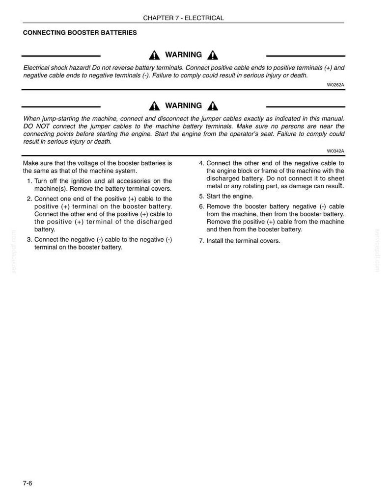 May include: A page from a manual detailing instructions for connecting booster batteries. The text includes warnings about electrical shock hazards and step-by-step instructions for safe jump-starting procedures. The page is black and white.