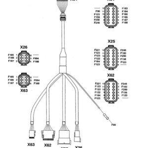 May include: Diagram of electrical connectors and wiring, labeled with codes like X64, X26, X25, X63, and X62. The diagram includes various connector types and pin configurations, with text labels and numbers.