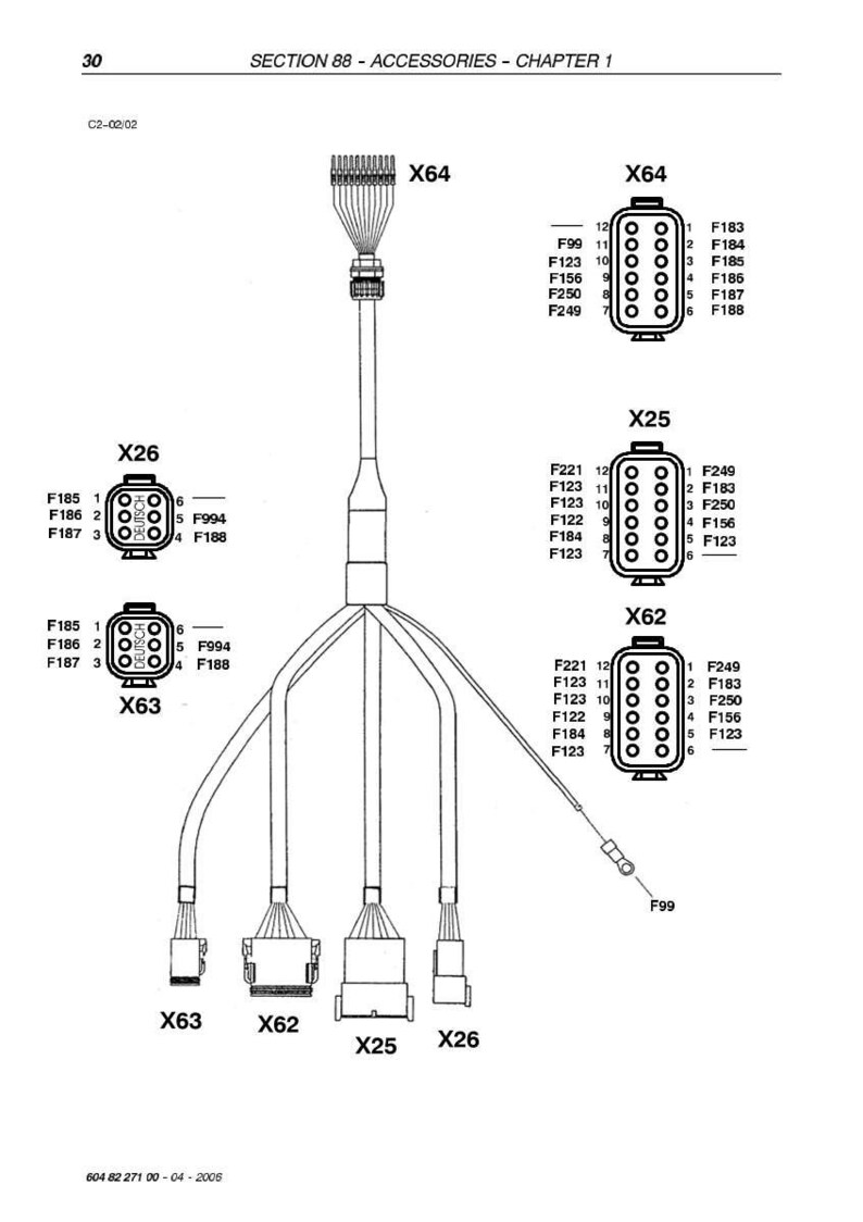 May include: Diagram of electrical connectors and wiring, labeled with codes like X64, X26, X25, X63, and X62. The diagram includes various connector types and pin configurations, with text labels and numbers.