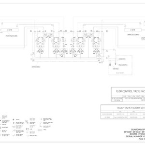 May include: A detailed schematic diagram of a hydraulic system, featuring interconnected components and text labels. The diagram includes text that reads "FLOW CONTROL VALVE FACTORY SETTINGS" and "RELIEF VALVE FACTORY SETTINGS".