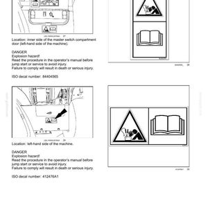 May include: A technical document page titled 2 - SAFETY INFORMATION featuring two black and white diagrams of machine safety decals. Each diagram shows a warning triangle with an explosion hazard icon and an open book icon, with text labels.