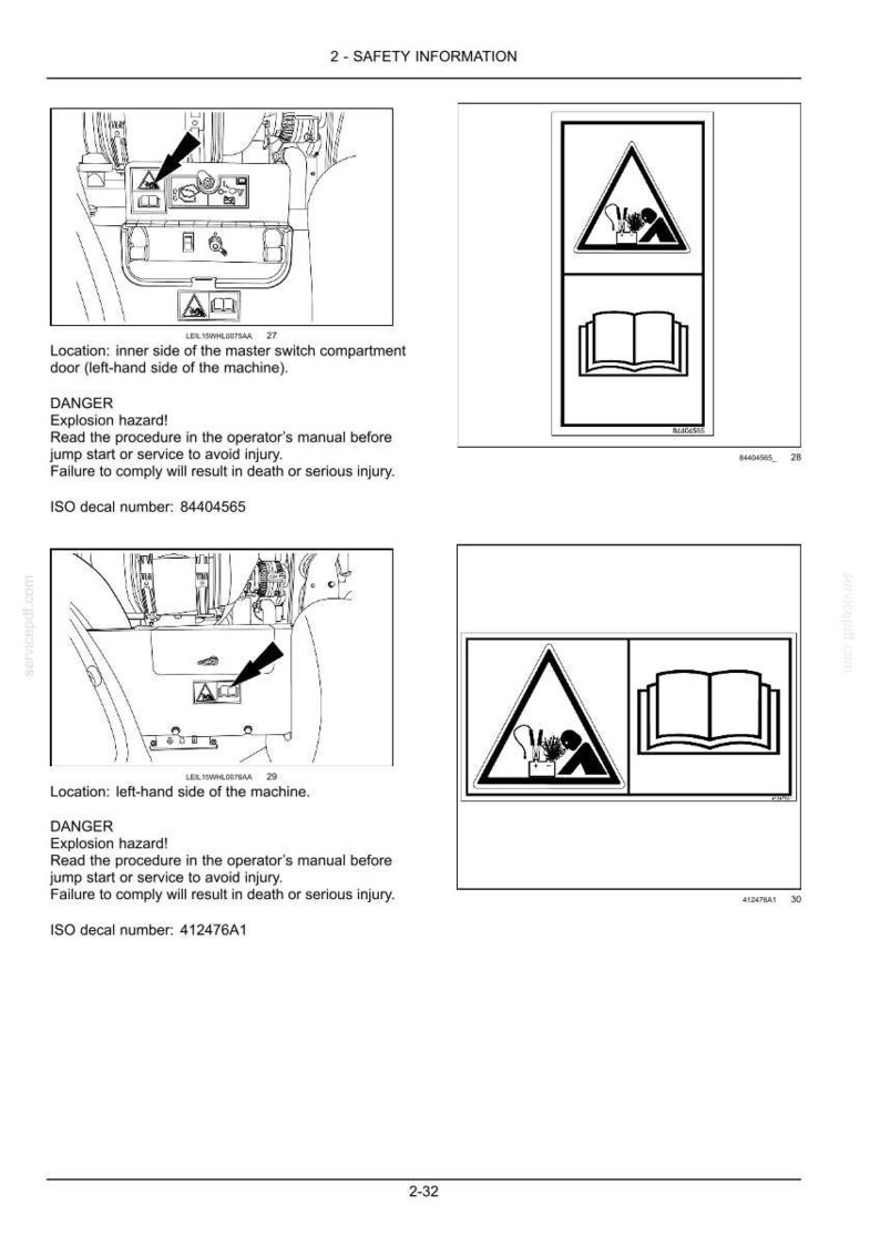 May include: A technical document page titled 2 - SAFETY INFORMATION featuring two black and white diagrams of machine safety decals. Each diagram shows a warning triangle with an explosion hazard icon and an open book icon, with text labels.