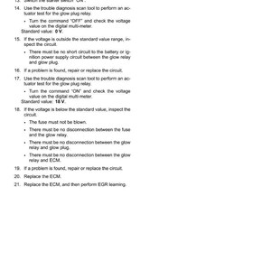 Op de afbeelding: Een pagina uit een handleiding met instructies voor het oplossen van problemen met het elektrische systeem voor starthulp bij koude. De tekst bevat instructies voor het controleren van de spanning, het inspecteren van circuits en het vervangen van onderdelen.
