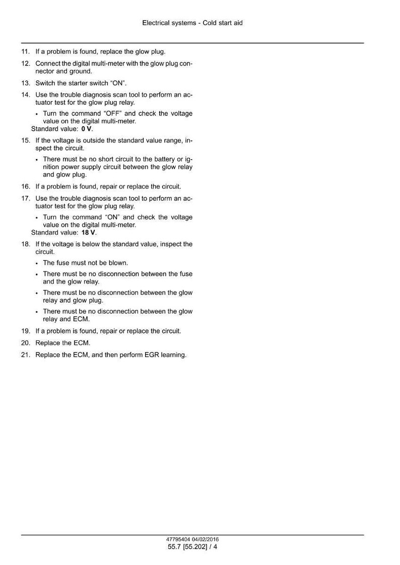 Op de afbeelding: Een pagina uit een handleiding met instructies voor het oplossen van problemen met het elektrische systeem voor starthulp bij koude. De tekst bevat instructies voor het controleren van de spanning, het inspecteren van circuits en het vervangen van onderdelen.