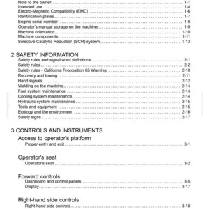 May include: A white document page titled "Contents" with a list of topics and page numbers. Sections include General Information, Safety Information, and Controls and Instruments. The document is for a machine.