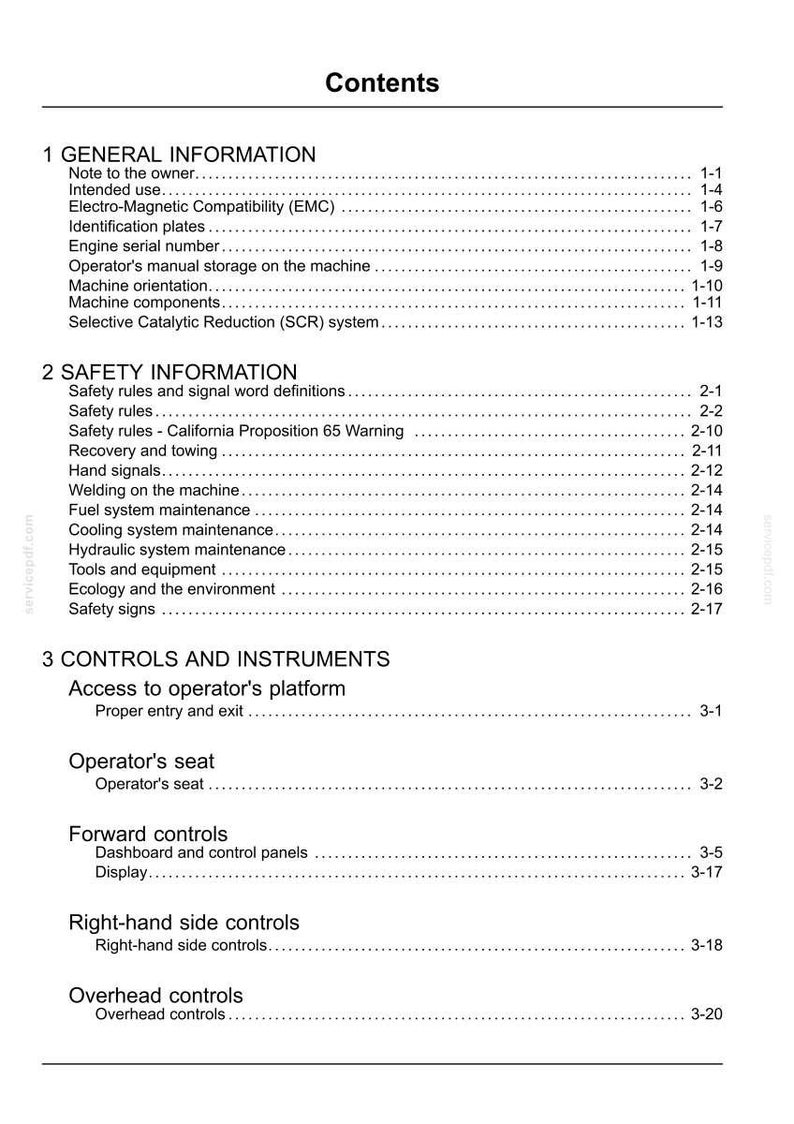 May include: A white document page titled "Contents" with a list of topics and page numbers. Sections include General Information, Safety Information, and Controls and Instruments. The document is for a machine.