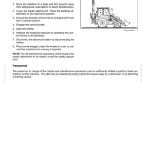 Op de afbeelding: Diagram van een graaflader met veiligheidsinstructies voor onderhoud. De tekst beschrijft stappen om de machine voor te bereiden op onderhoud, inclusief het inschakelen van de parkeerrem en het loskoppelen van de accu.