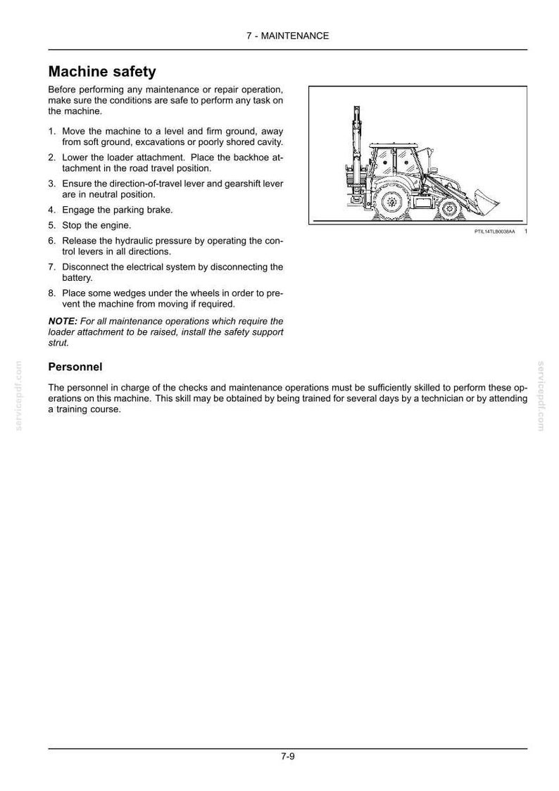 Op de afbeelding: Diagram van een graaflader met veiligheidsinstructies voor onderhoud. De tekst beschrijft stappen om de machine voor te bereiden op onderhoud, inclusief het inschakelen van de parkeerrem en het loskoppelen van de accu.