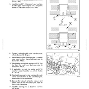 May include: A technical manual page titled SECTION 39 - FRAMES - CHAPTER 1, featuring two diagrams of tractor frame joints labeled with numbered parts and installation instructions for M10 X 25 screws and 5/8 - 18 screws with torque specifications.