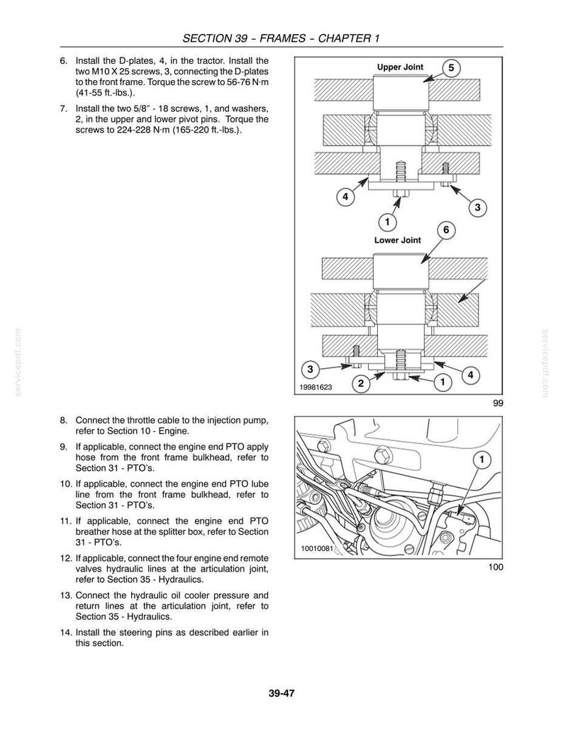 May include: A technical manual page titled SECTION 39 - FRAMES - CHAPTER 1, featuring two diagrams of tractor frame joints labeled with numbered parts and installation instructions for M10 X 25 screws and 5/8 - 18 screws with torque specifications.
